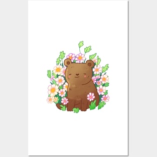 Cute bear with flowers Posters and Art